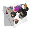 Stickers Metal mania Holotoyz avec monster trucks colorés violet, rouge et noir