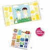 Planche de stickers vêtements colorés et scène avec deux enfants nus à habiller, Djeco.