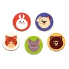 Cinq jetons ronds en bois avec illustrations d'animaux souriants, pour tableau Janod.