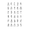 Trente silhouettes noires de princesses et personnages médiévaux en tenue traditionnelle, dessinées.