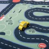 Tapis circuit voitures Moulin Roty vert et bleu avec route noire et voiture jaune en bois