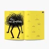 Double page jaune vif avec illustration noire gribouillée représentant une silhouette, texte « tu m'énerves » au centre, case