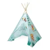 Tipi Tropik Janod bleu clair avec dessins singes, toucan et feuilles vertes.