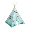 Tipi Tropik bleu clair en tissu avec motifs animaux tropicaux colorés, structure bois.