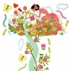 Toise Djeco avec jeune fille en robe rose arrosant fleurs colorées, papillons et nuages.