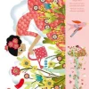 Toise colorée Jeune Fille au Jardin avec fleurs, oiseau rose, papillon jaune et cœur rouge.