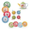 Set de thé en métal La grande famille Moulin Roty, théière et tasses colorées avec assiettes décorées