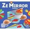 Jeu Ze Mirror Images Djeco avec miroir, pièces en bois colorées et cartes illustrées rouges et jaunes.