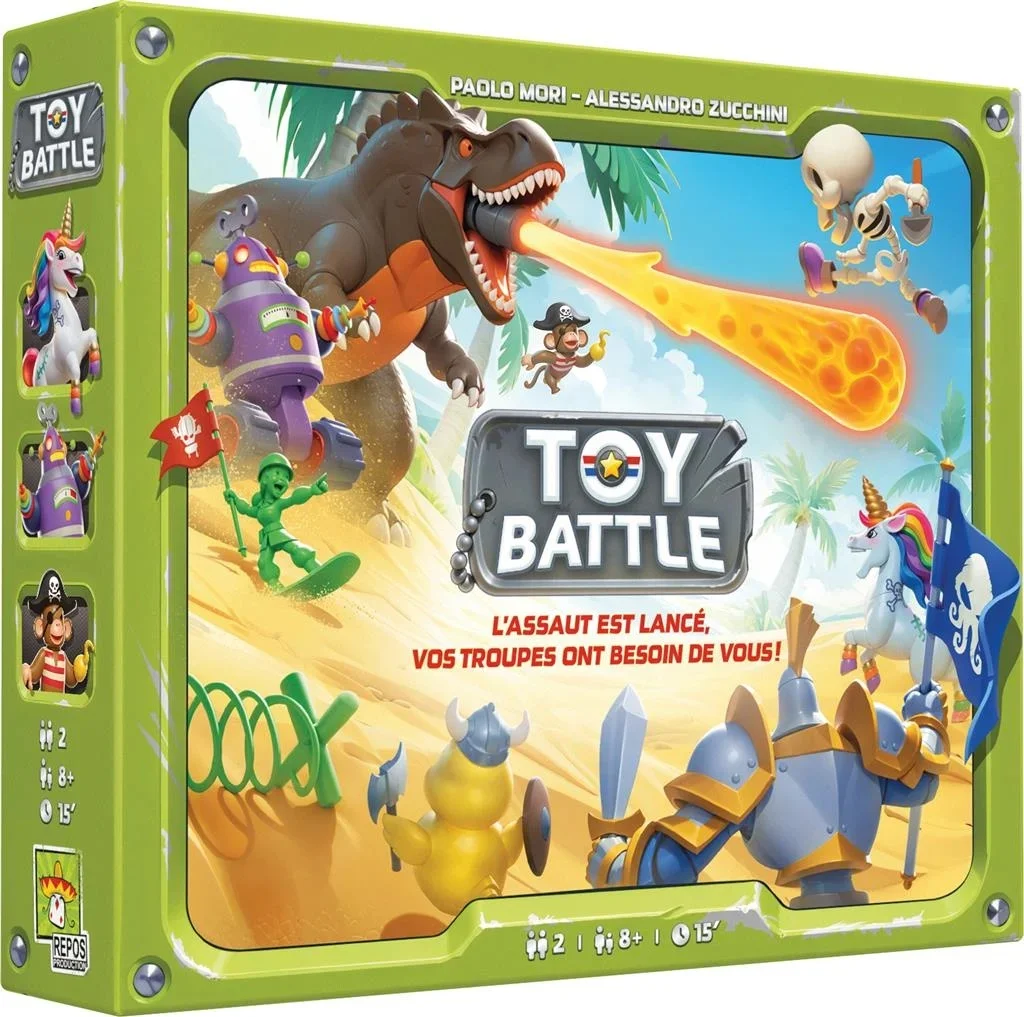 Boîte de jeu Toy Battle verte avec dinosaures, chevaliers et squelettes en attaque.
