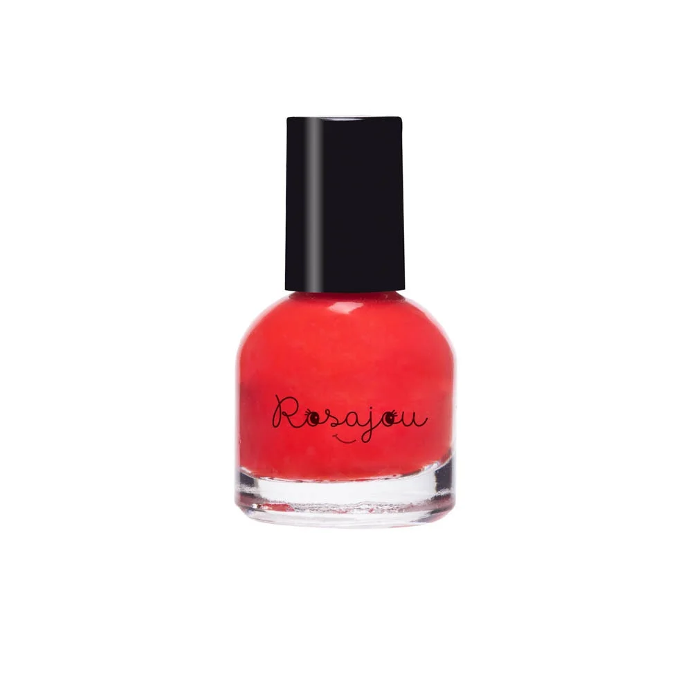 Flacon transparent rond vernis à ongles rouge pour enfant Madame Rosajou, bouchon noir.