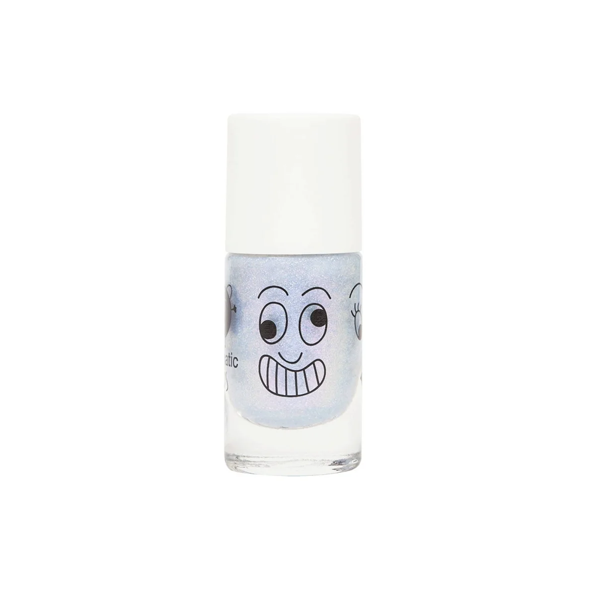 Vernis à ongles Merlin bleu pailleté, flacon en verre avec visage souriant cartoon