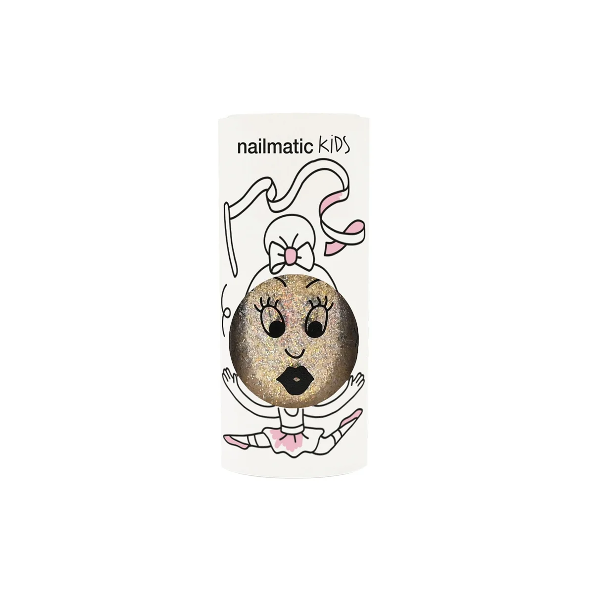 Vernis enfant Nailmatic Kids Aurora Doré pailleté, flacon rond avec dessin ballerine rose