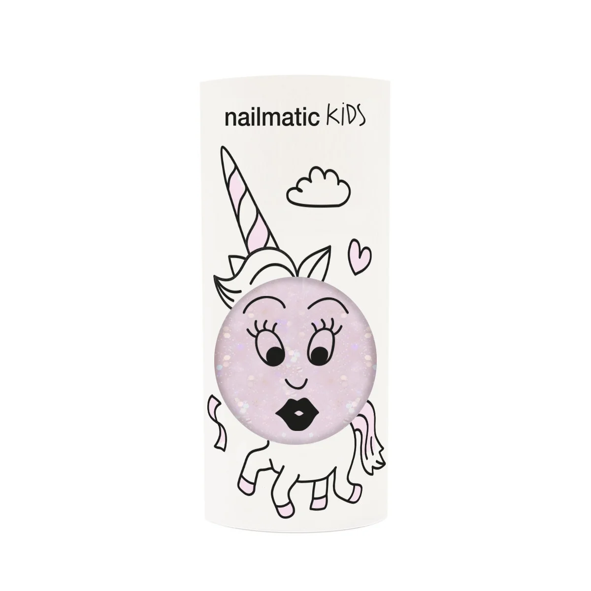Vernis enfant Nailmatic Kids transparent pailleté avec dessin licorne rose pâle