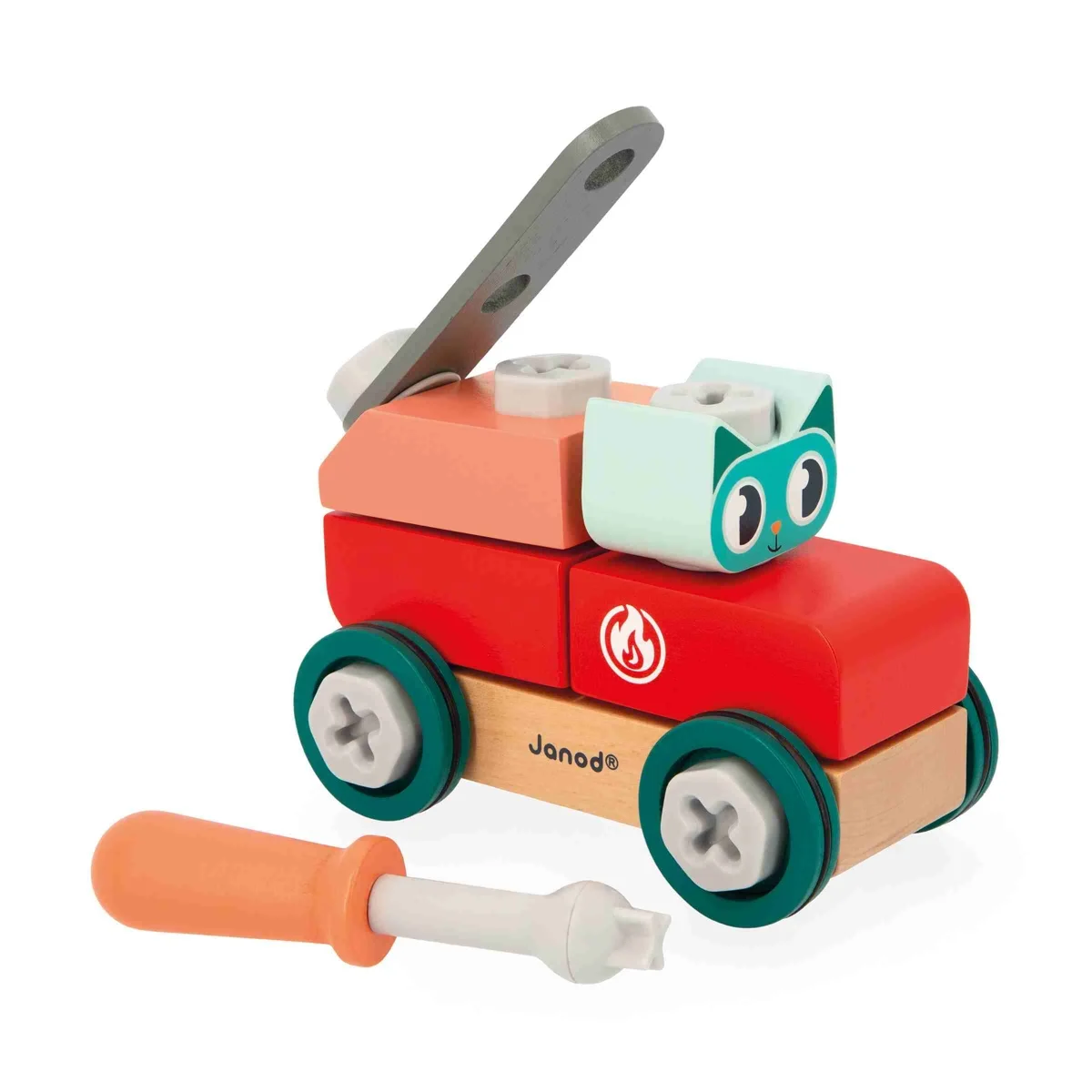 Voiture en bois rouge et beige avec tête de chat turquoise, tournevis orange inclus